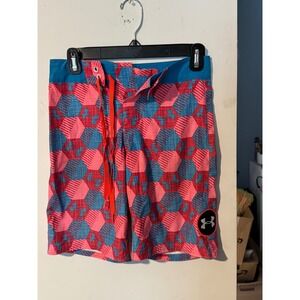 Under Armour  Mens Board Shorts Red Blue Geometric Hexagon Swim Trunks 26